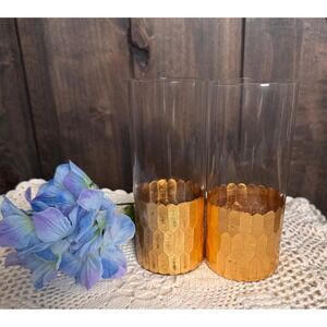 Gold Honeycomb Highball Glasses Set of 2 Barware Drinkware Handwash Only‎